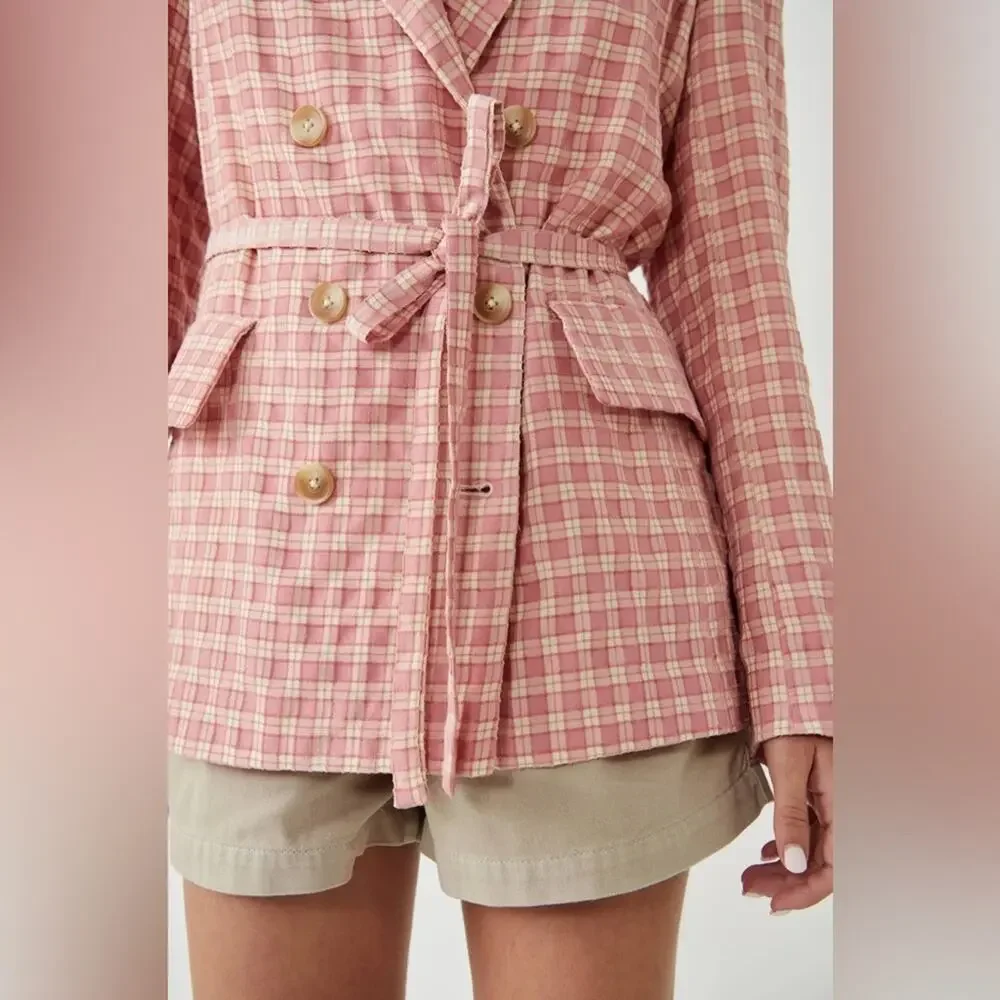 Free People Pink Cream Long Sleeve Button Waist Tie Olivia Gingham Blazer M